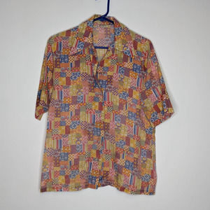 Vintage 70's Ship N Shore Button Down Short Sleeve Pointed Collar Patchwork Red